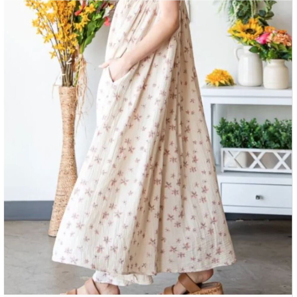 Oli & Hali Size Large Pale Pink Gauze Midi Dress POCKETS Womens Boho Festival - Picture 3 of 11
